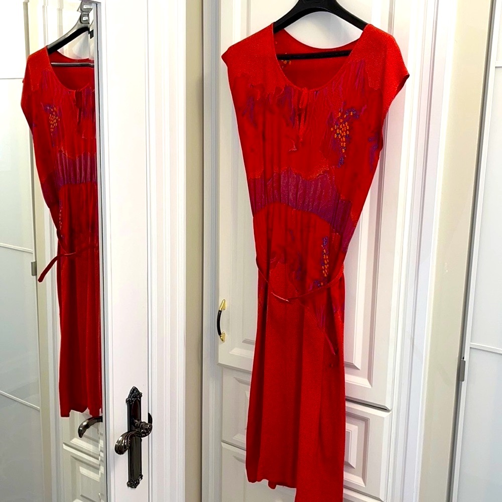 HP❤️Women’s Red Vintage Abstract Wayne Clark Tuscan Style Pleated Dress Sz 8 - Picture 7 of 9